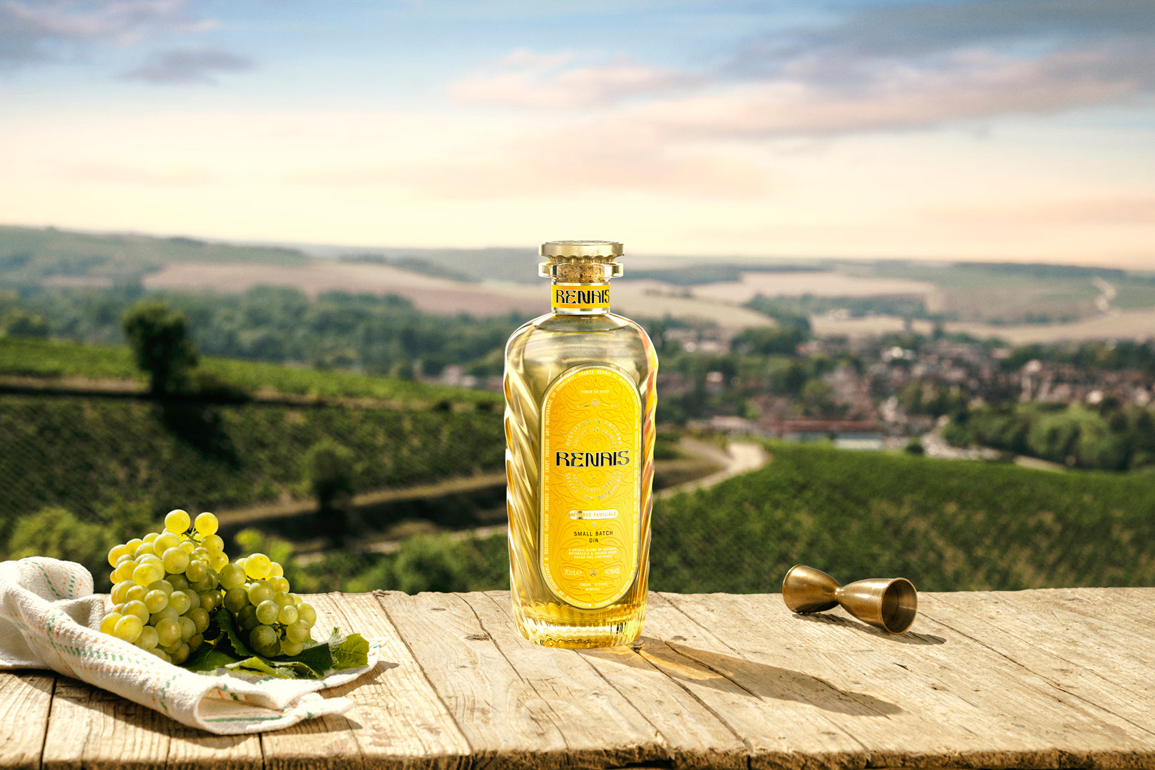 A bottle of Renais overlooking the vineyards of Northern France
