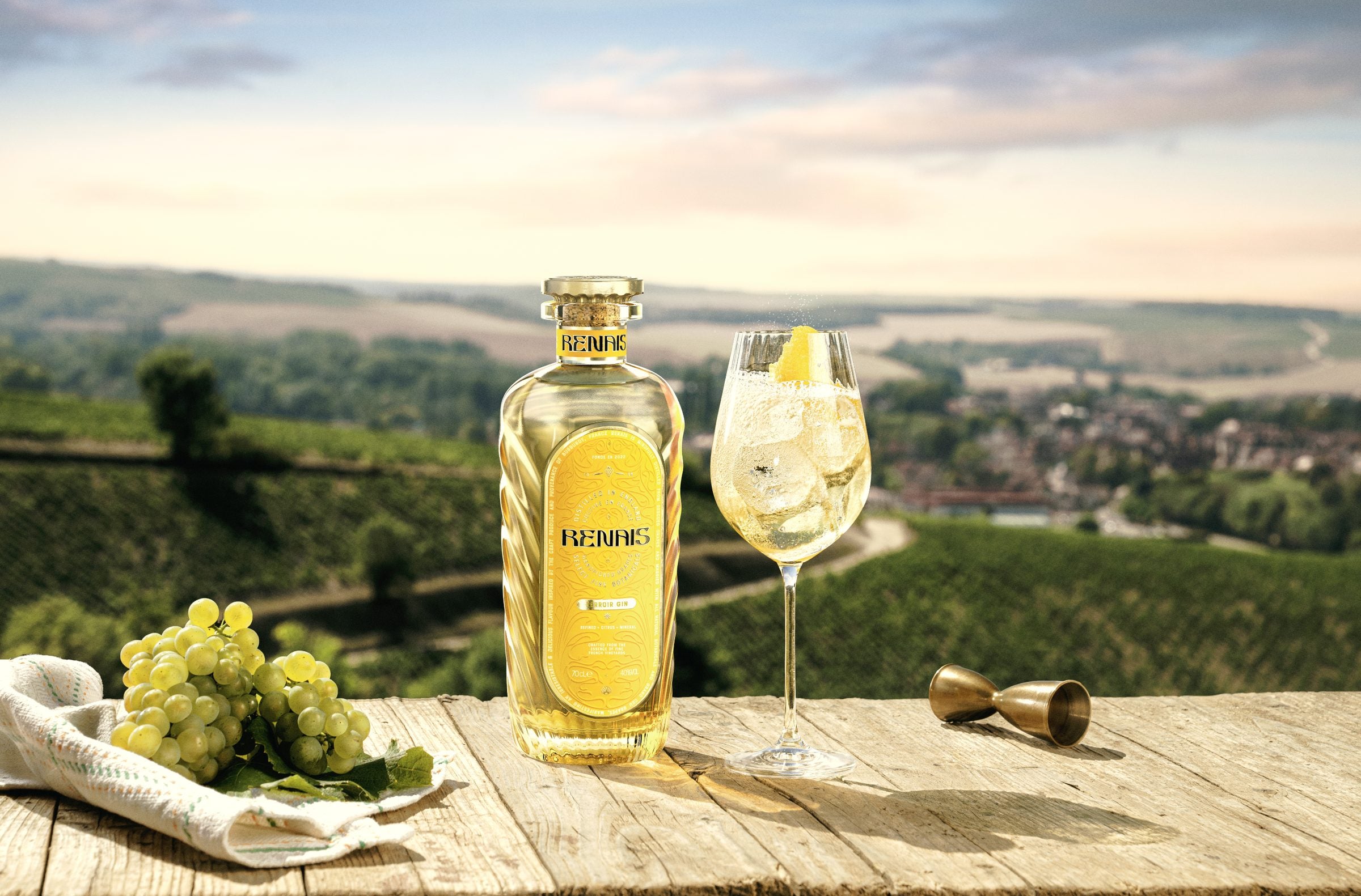 Renais Gin and a spritz on a table overlooking the vineyards of Northern France